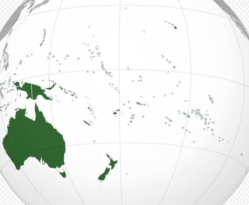 Orthographic projection of Oceania centered around the geographic center of Oceania.