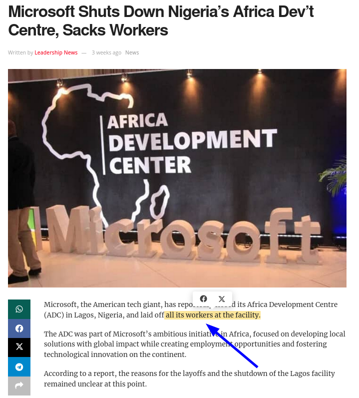 Microsoft Shuts Down Nigeria’s Africa Dev’t Centre, Sacks Workers