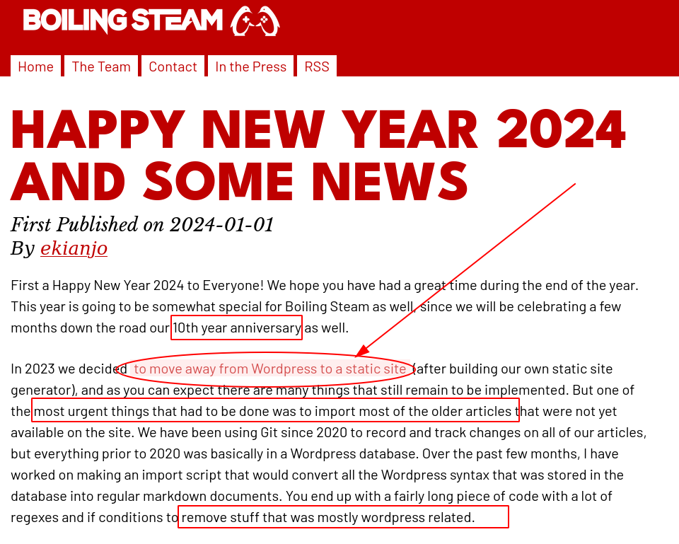 In 2023 we decided to move away from Wordpress to a static site (after building our own static site generator), and as you can expect there are many things that still remain to be implemented. But one of the most urgent things that had to be done was to import most of the older articles that were not yet available on the site. We have been using Git since 2020 to record and track changes on all of our articles, but everything prior to 2020 was basically in a Wordpress database. Over the past few months, I have worked on making an import script that would convert all the Wordpress syntax that was stored in the database into regular markdown documents. You end up with a fairly long piece of code with a lot of regexes and if conditions to remove stuff that was mostly wordpress related.