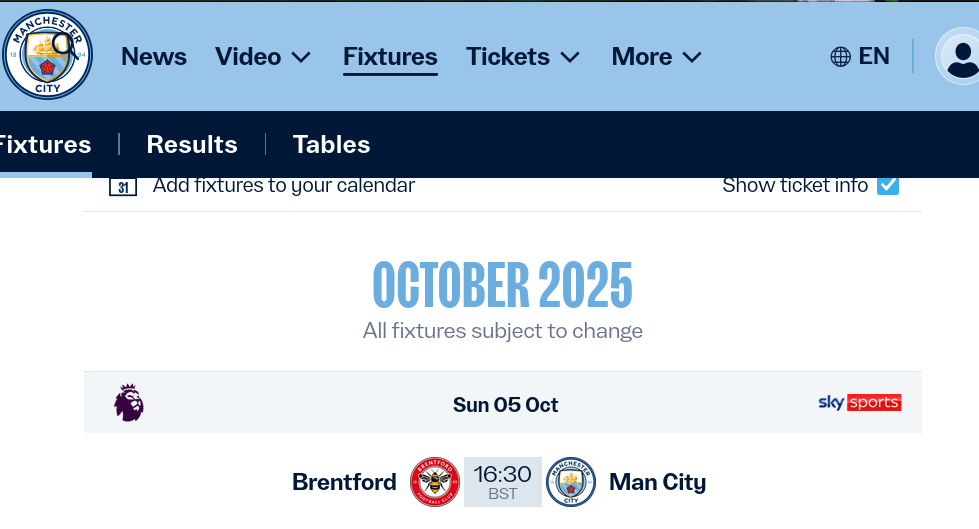 Brentford 16:30 BST Man City