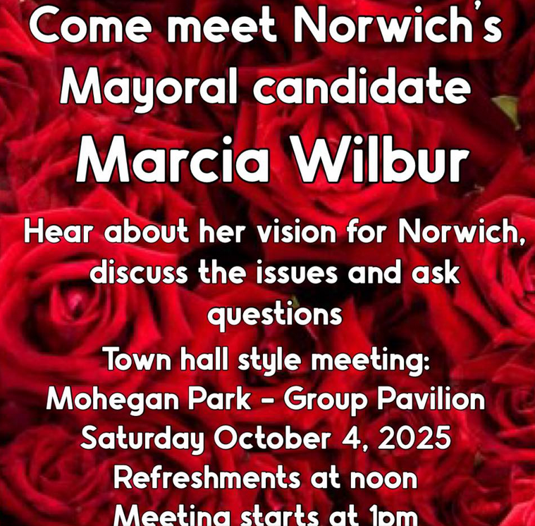 Come hear about Marcia Wilbur and ask her about her vision for Norwich, tomorrow at Noon at the group pavilion in Mohegan park. Time for a change in Norwich.