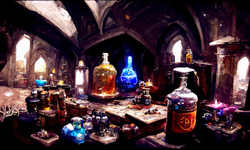 alchemist table production magical potions elixir colored bottles flasks are table alchemist wizard fantasy fairy tale 3d illustration