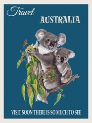 Australia Retro Travel Poster: Australia vintage, retro travel poster with cute koala bears art illustration