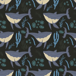 Whale Pattern Wallpaper Background: Cartoon art illustration of a whale swimming in the sea with algae and other marine plants, seamless, repeating, wallpaper pattern background