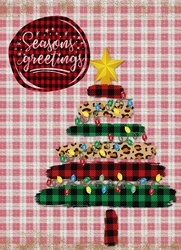 Plaid And Leopard Design Tree: Funky Christmas tree of red and greed plaid stripes, a leopard design and christmas lights on red plaid background