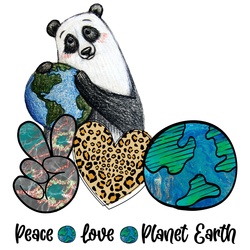 Earth Day Poster: Panda Bear hugging a globe of Earth with peace love Earth illustration