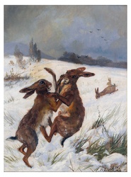 Two hares boxing in the winter snow vintage oil on canvas painting