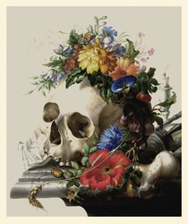 Vintage skull surrounded by beautiful flowers in muted colors