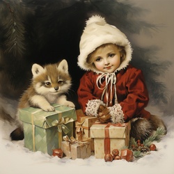 Baby Wolf and Child vintage Christmas card