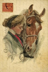 Vintage french postcard with beautiful drawing of young woman and her horse