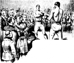 Re digitized vintage public domain illustration of a black and white boxing match.