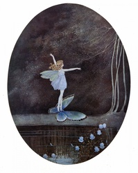 Vintage art illustration of a fairy riding a butterfly from childrens story book by artist Ida Rentoul Outhwaite