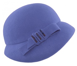 Ladies blue felt cloche hat on white background