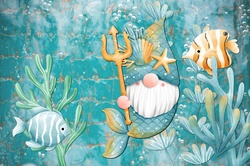 Cute gnome neptune with fish underwater