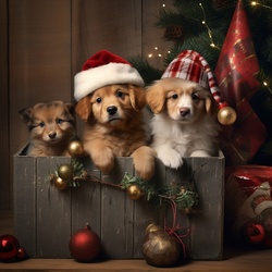 Darling Christmas illustration of puppies wearing hats in a box