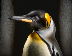 Animal portrait of a King penguin on black background