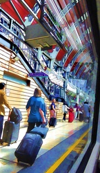 Artistic rendering of people with luggage walking through a train station in Europe