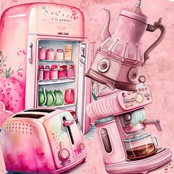 A toaster, coffee maker coffee percolator and refrigerator in pink hues on pink textured background
