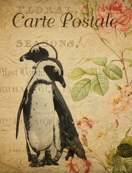 Penguins on vintage french floral postcard background