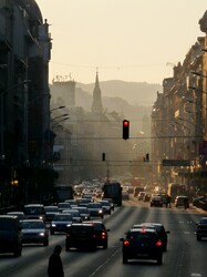 A busy street in the evening in Budapest.