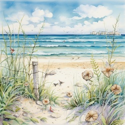 Digital art painting of ocean waves rolling in on a sandy beach with flowers and plants
