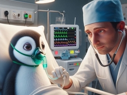 tux in the hospital bed with oxygen mask