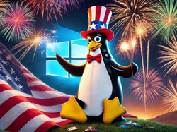 tux celebrating Independence Day with fireworks