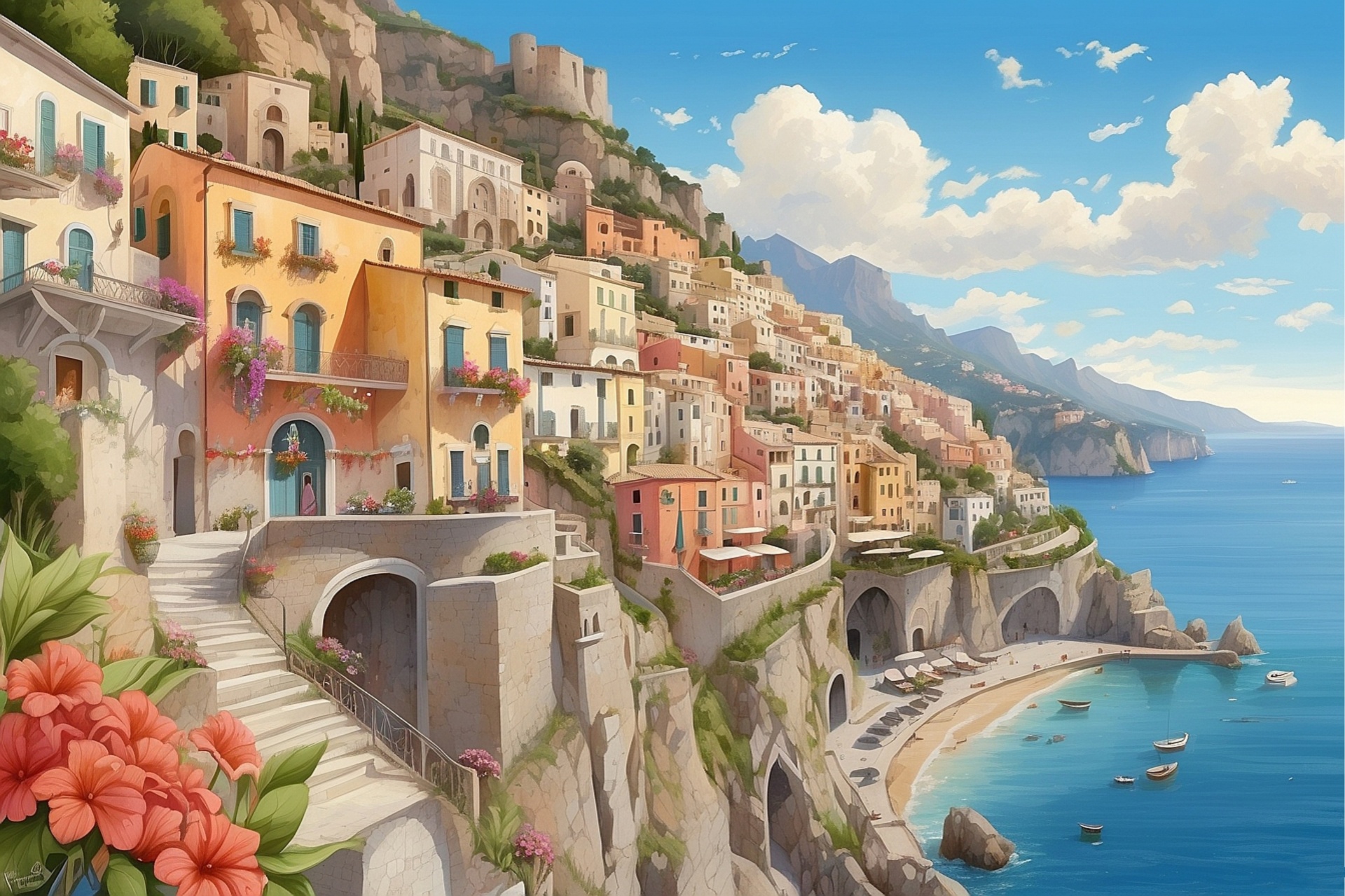 European Coastal Town Travel Art