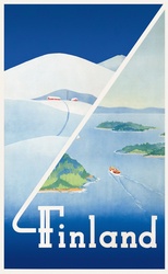 Finland. This vintage Finnish travel poster shows scenes from summer and winter. Circa 1948.