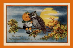 Vintage Halloween card or invitation template with owl, kid moon and pumpkin