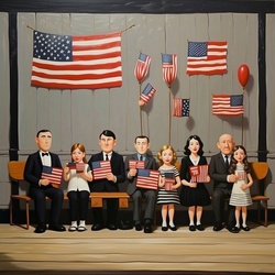 Quaint cartoon illustration of patriotic townspeople