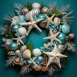 Digital art illustration of a wreath made of marine shells and starfish