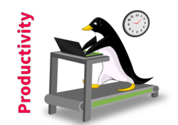 penguin working on laptop while running on treadmill