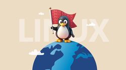 penguin at the top of the world, holding linux flag