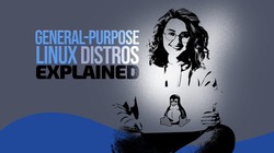 a woman holding a laptop with linux logo