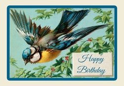 Vintage illustration of a bluebird birthday card on white background