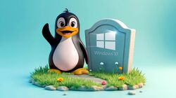 penguin waving next to Windows 10 epitaph