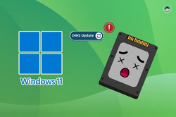 Windows11 logo and sad face of SSD card