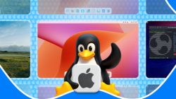 Penguin holding apple logo