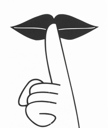 Black and white sigh with index finger over mouth indicating to be quiet