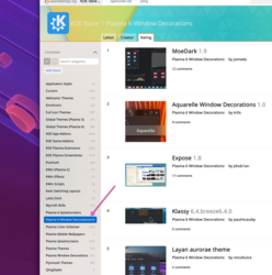 Aurorae decoration themes at KDE Store (although there are some decoration themes that donât use Aurorae, e.g. Klassy, but a good chunk of themes found in the Plasma 6 Window Decorations category still use it)
