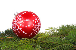 Red christmas bauble with green tree branches as a background