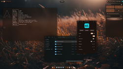 Professional Hyprland layout with central glass Waybar and adaptive nature-themed color scheme