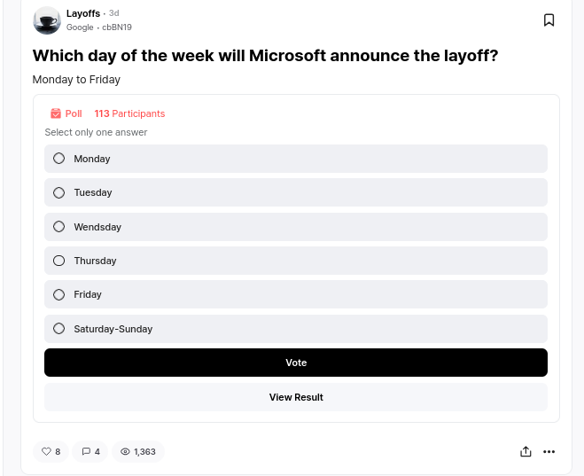 Which day of the week will Microsoft announce the layoff?