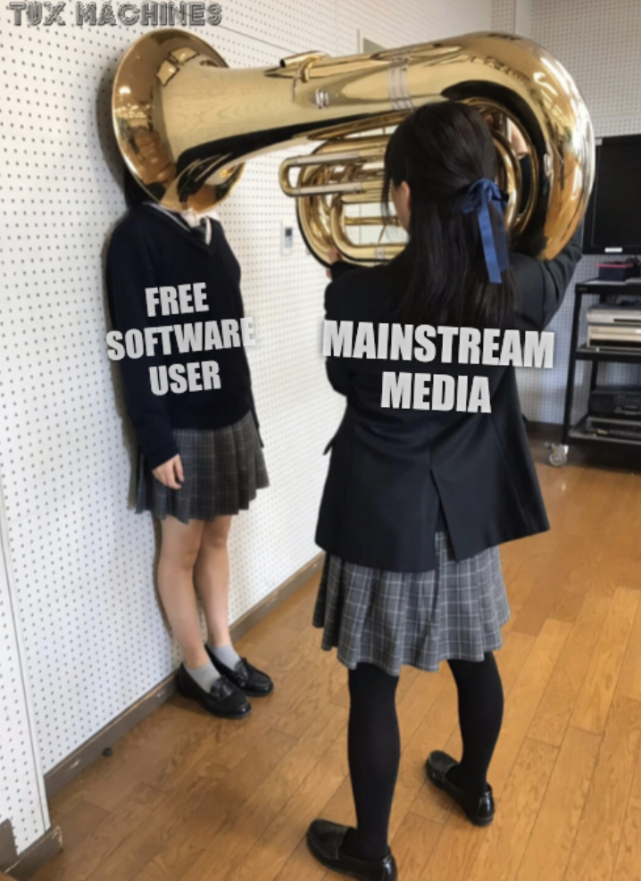 (Girl with tuba on head) Mainstream media; Free software user