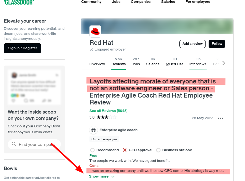 Layoffs affecting morale of everyone that is not an software engineer or Sales person - Enterprise Agile Coach Red Hat Employee Review