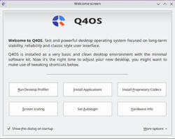 The Welcome window in Q4OS 6 Andromeda invites users to tweak their system
