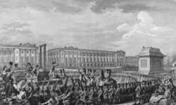 Execution of Louis XVI in the Place de la Concorde, facing the empty pedestal where the statue of his grandfather Louis XV previously stood