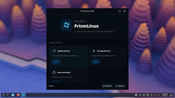 The PrismLinux Hello window welcomes users to the new installation
