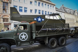 Military vehicle, truck, used 2nd world war 1940-45, WWII, USA, US Army, loaded with airplane